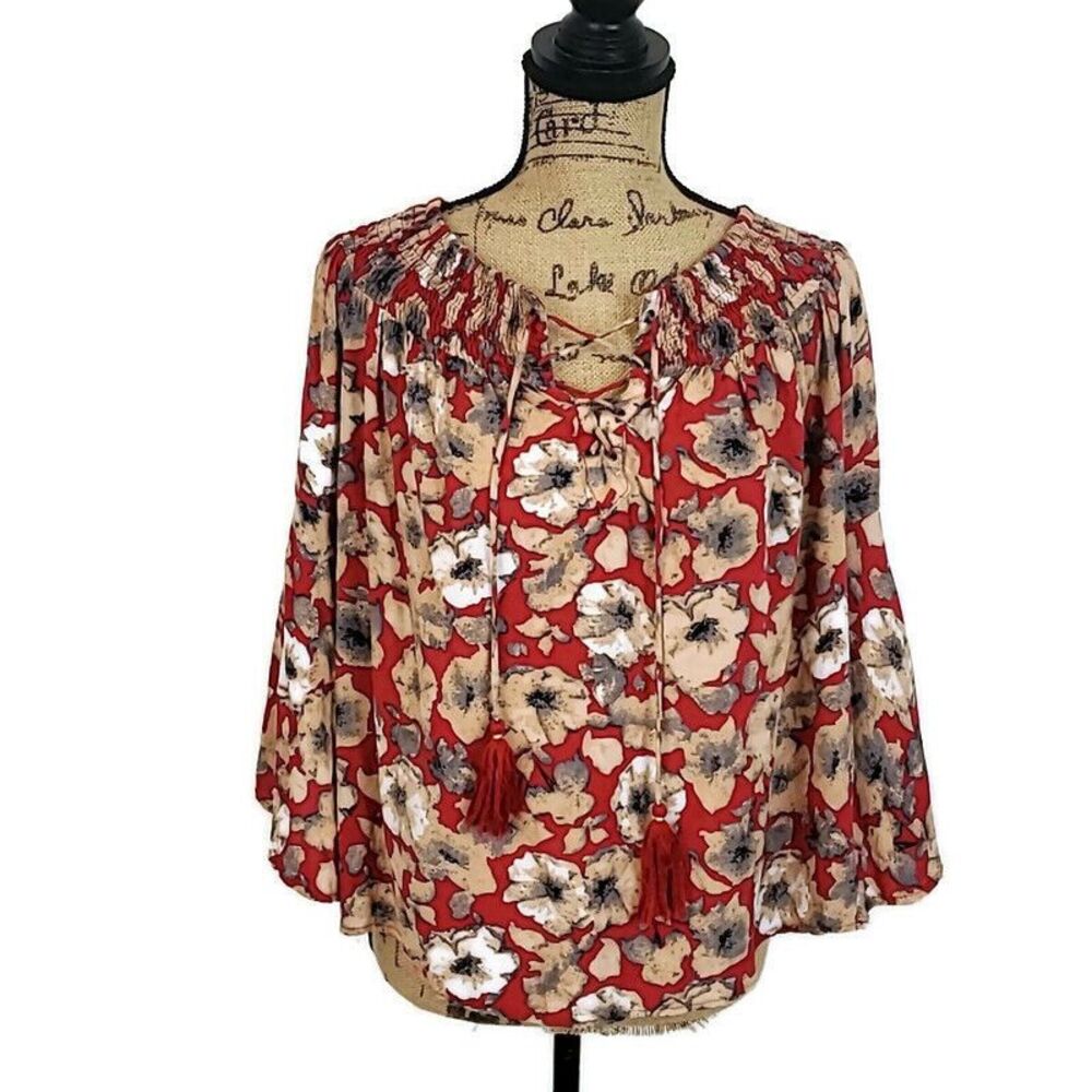 💥5/$25 Ee:some Womens S Top Red Floral Smocked Lace Up Tasseled Pullover Blouse